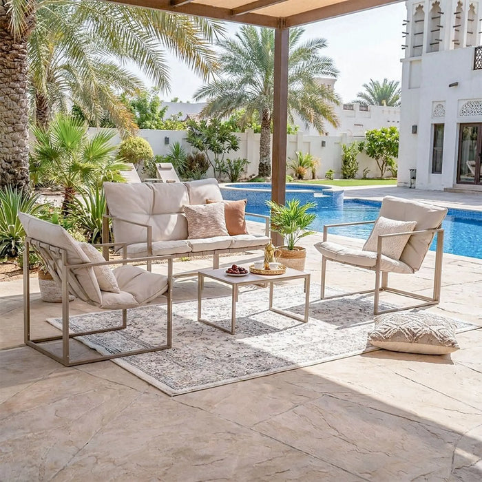 Terry 4-Seater Outdoor Sofa Set | Steel Frame Garden Furniture | Modern Design Patio Sofaset | Outdoor Seating Table And Chairs For Lawn Garden-Beige