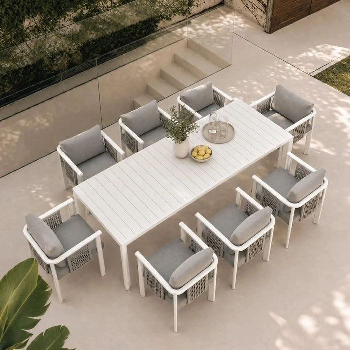 Ligo 1 + 8 Seater Dining Set | 9 pc Outdoor Diningset | Water-Resistant Patio Desk | All Weather Aluminum,Olefin Fabric Patio Modern Outdoor Furniture For Garden-White & Grey