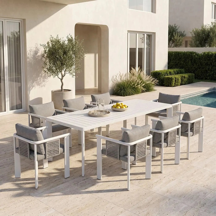 Ligo 1 + 8 Seater Dining Set | 9 pc Outdoor Diningset | Water-Resistant Patio Desk | All Weather Aluminum,Olefin Fabric Patio Modern Outdoor Furniture For Garden-White & Grey