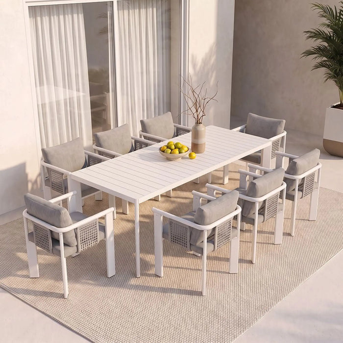 Ligo 1 + 8 Seater Dining Set | 9 pc Outdoor Diningset | Water-Resistant Patio Desk | All Weather Aluminum,Olefin Fabric Patio Modern Outdoor Furniture For Garden-White & Grey