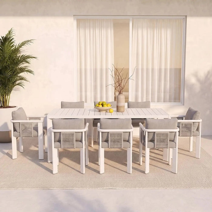 Ligo 1 + 8 Seater Dining Set | 9 pc Outdoor Diningset | Water-Resistant Patio Desk | All Weather Aluminum,Olefin Fabric Patio Modern Outdoor Furniture For Garden-White & Grey