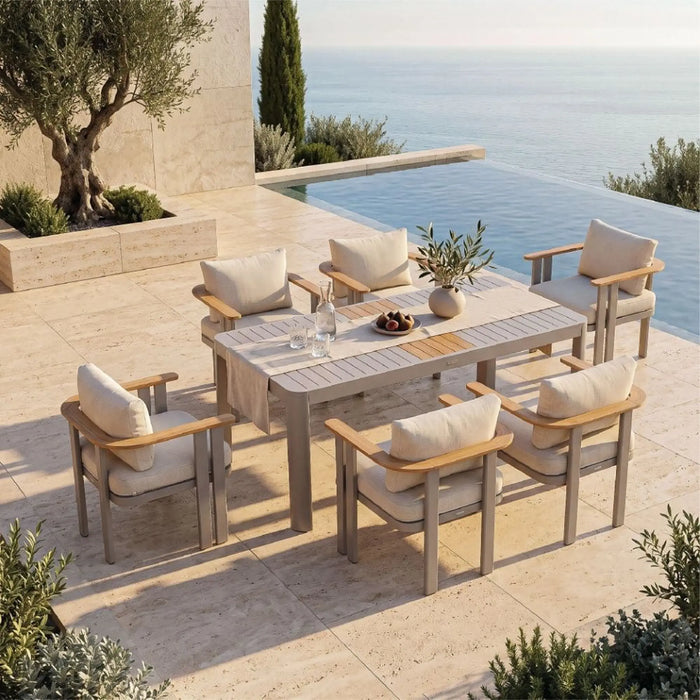 Pardee 1 + 6 Seater Dining Set | 7 pc Outdoor Diningset | Water-Resistant Patio Desk | All Weather Aluminum,Olefin Fabric,Teak Wood Patio Modern Outdoor Furniture For Garden-Beige