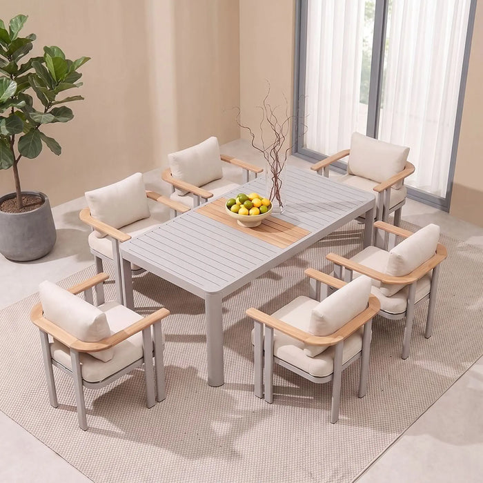 Pardee 1 + 6 Seater Dining Set | 7 pc Outdoor Diningset | Water-Resistant Patio Desk | All Weather Aluminum,Olefin Fabric,Teak Wood Patio Modern Outdoor Furniture For Garden-Beige