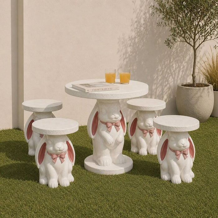 Bunny 1 + 4 Seater Dining Set | 5 pc Outdoor Diningset | Water-Resistant Patio Desk | All Weather Fiber Clay Patio Modern Outdoor Furniture For Garden-White/Pink