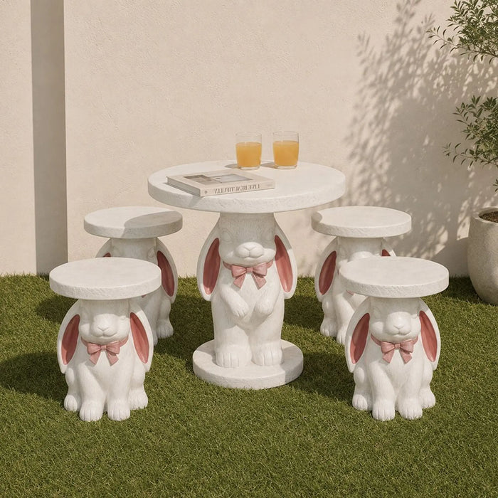 Bunny 1 + 4 Seater Dining Set | 5 pc Outdoor Diningset | Water-Resistant Patio Desk | All Weather Fiber Clay Patio Modern Outdoor Furniture For Garden-White/Pink