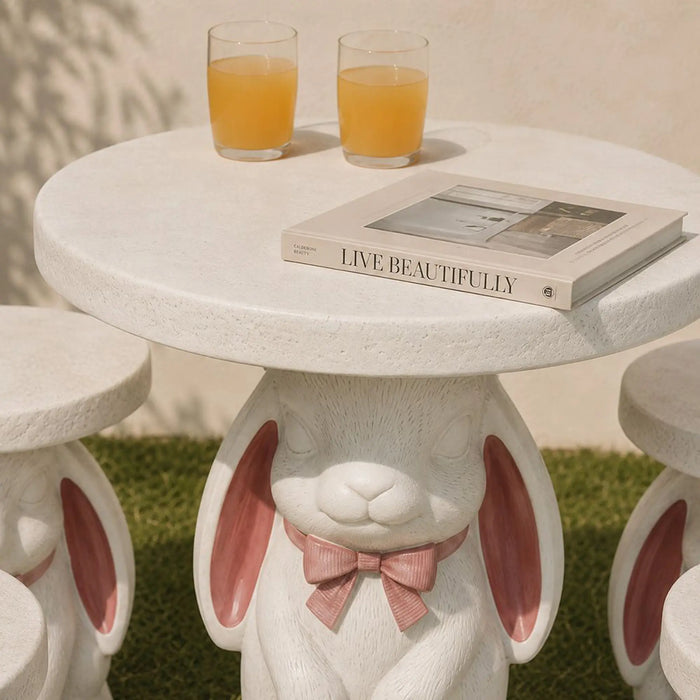 Bunny 1 + 4 Seater Dining Set | 5 pc Outdoor Diningset | Water-Resistant Patio Desk | All Weather Fiber Clay Patio Modern Outdoor Furniture For Garden-White/Pink