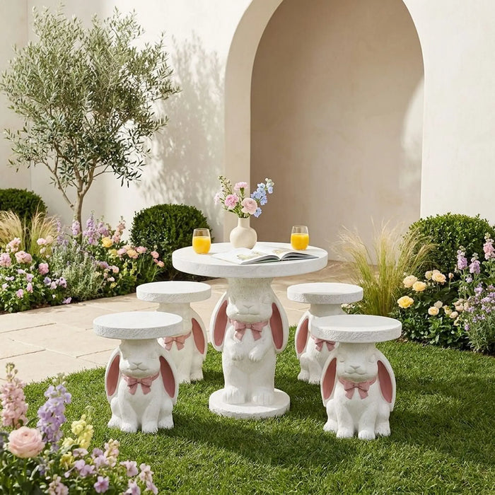 Bunny 1 + 4 Seater Dining Set | 5 pc Outdoor Diningset | Water-Resistant Patio Desk | All Weather Fiber Clay Patio Modern Outdoor Furniture For Garden-White/Pink
