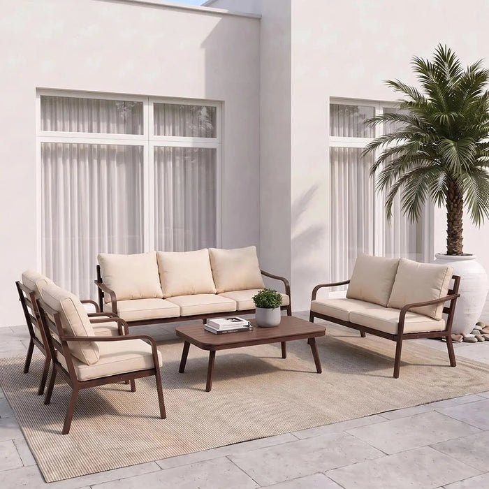 New 7-Seater Outdoor Sofa Set | Aluminum Frame Garden Furniture | Modern Design Patio Sofaset | Outdoor Seating Table And Chairs For Lawn Garden-Brown