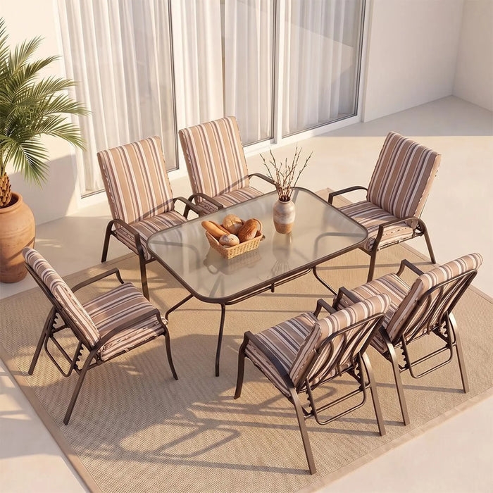 APEX 1 + 6 Seater Dining Set | 7 pc Outdoor Diningset | Water-Resistant Patio Desk | All Weather Steel+Texilene+Polyester, Steel+Glass Patio Modern Outdoor Furniture For Garden- Multicolor