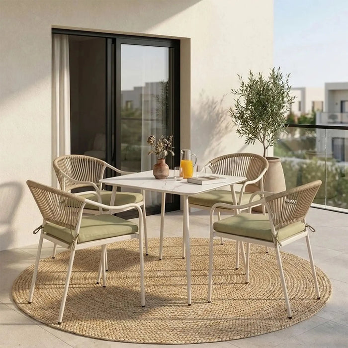 Sahara 1 + 4 Seater Dining Set | 5 pc Outdoor Diningset | Water-Resistant Patio Desk | All Weather Rope, Tempered Glass Patio Modern Outdoor Furniture For Garden-Green