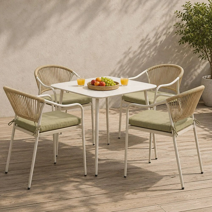 Sahara 1 + 4 Seater Dining Set | 5 pc Outdoor Diningset | Water-Resistant Patio Desk | All Weather Rope, Tempered Glass Patio Modern Outdoor Furniture For Garden-Green