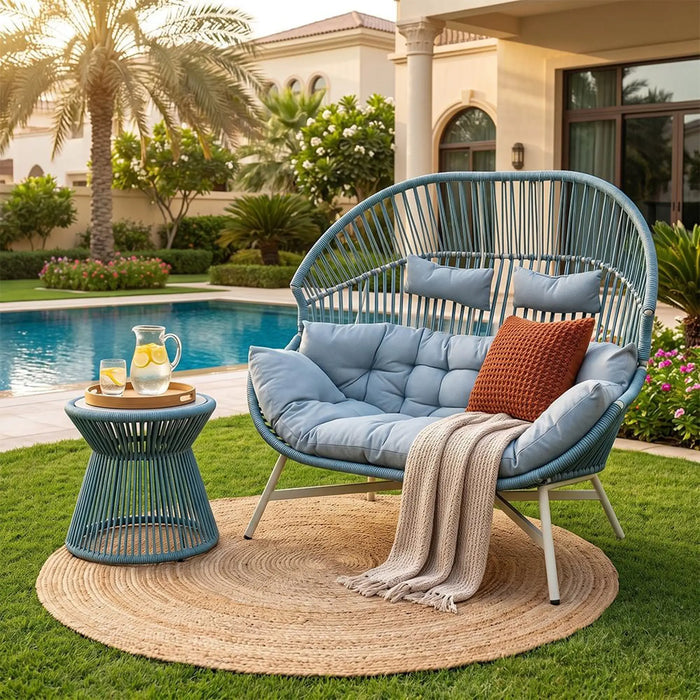Apparel 2 Seater Accent Chair | Porch Bistro Chair | Modern Design Garden Furniture For Outdoor Seating, Terrace, Lawn, Patio, Balcony | L146xW100xH142cm -Blue