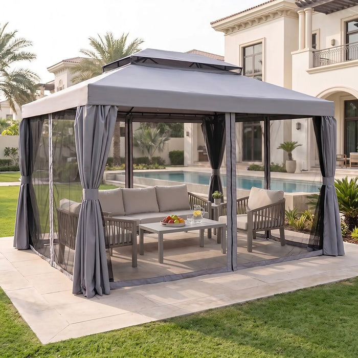 Lireo Aluminum Gazebo 3x4 M | Aluminium Frame Gazebo | Without Seating  | Weather Resistant Garden Canopy | Modern Design Outdoor Furniture | Size L400xW300xH272cm-Grey