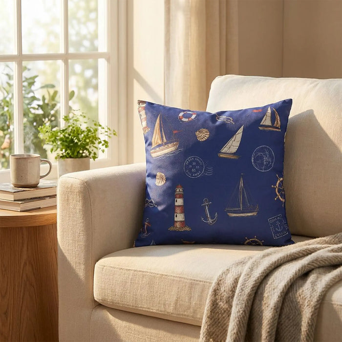 Woven Cushion 45X45Cm - Nautical Emblem, Multicolour, Coastal Emblem Accent Cushion, 100% Polyester Fabric, For Patio Chairs And Balcony Benches