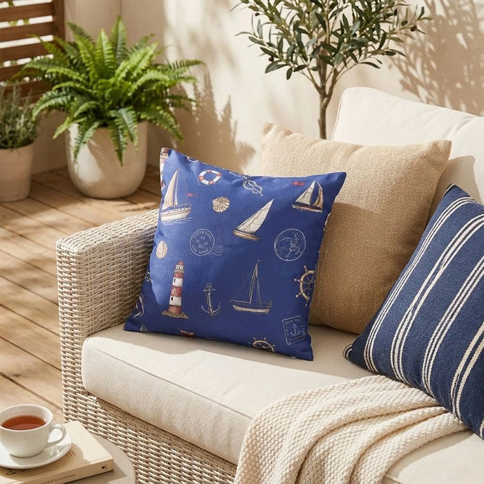 Woven Cushion 45X45Cm - Nautical Emblem, Multicolour, Coastal Emblem Accent Cushion, 100% Polyester Fabric, For Patio Chairs And Balcony Benches