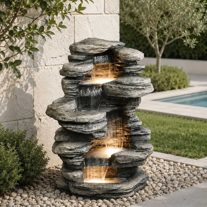Golden Falls Fountain 53X53X98 Cm, Multi Color, Elegant Fountain, Polyresin ,For Creating Soothing Water Displays In Gardens, Patios, Entrances