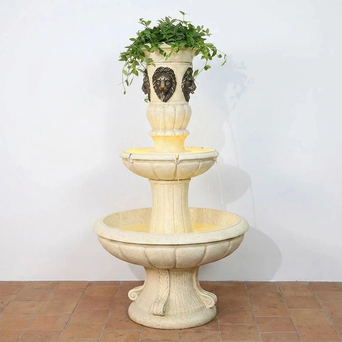 Imperial Two-Tier Lion Head Fountain - Multi Color, Serene Fountain, Polyresin ,For Creating Soothing Water Displays In