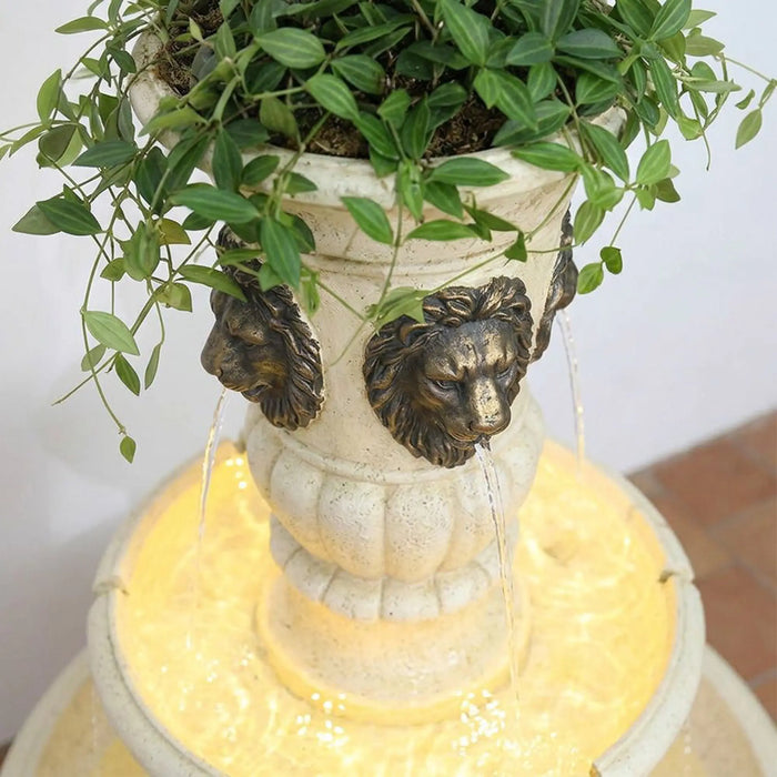 Imperial Two-Tier Lion Head Fountain - Multi Color, Serene Fountain, Polyresin ,For Creating Soothing Water Displays In