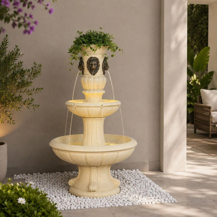Imperial Two-Tier Lion Head Fountain - Multi Color, Serene Fountain, Polyresin ,For Creating Soothing Water Displays In