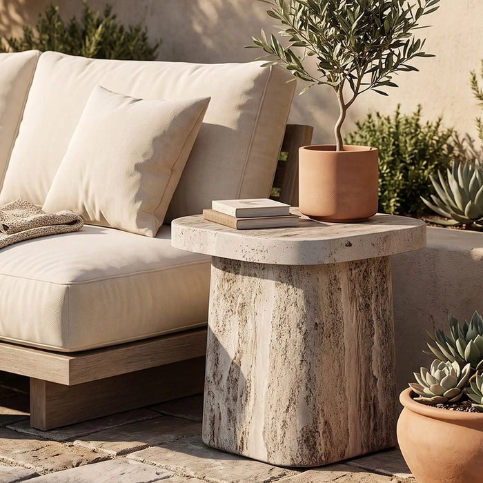 Stone Pillar Mgo Side Table | All Weather 1 Piece Outdoor End Table | Modern Design Furniture For Balcony, Garden Bench Seating Terrace Lawn Patio Poolside - L35.5xW35.5xH45.5cm -Multi Color