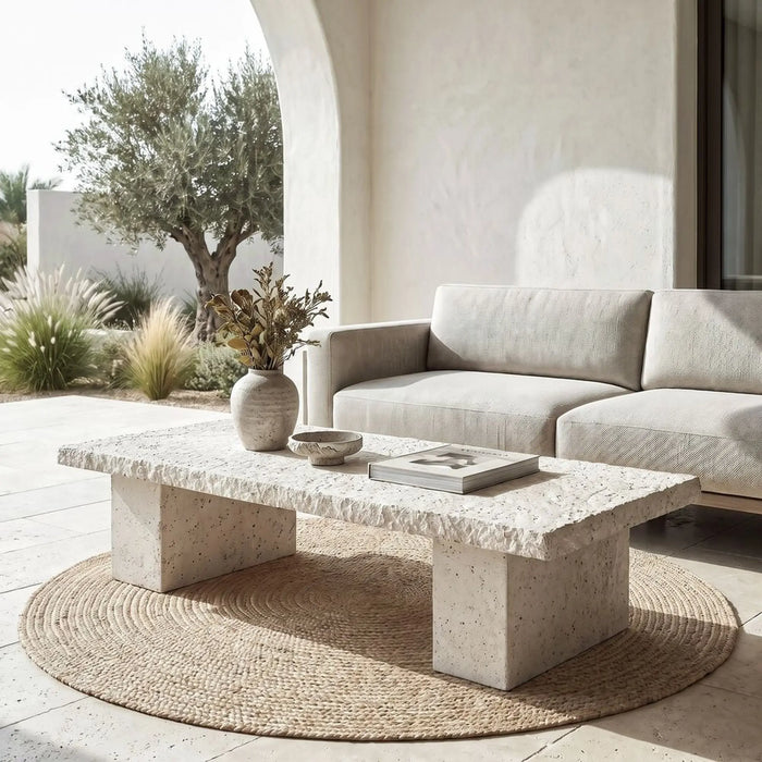 Boulder Slab Mgo Coffee Table  | All Weather 1 Piece Outdoor Table | Modern Design Furniture For Balcony, Garden Bench Seating Terrace Lawn Patio Poolside - L111.5xW55.5xH35.5cm -Multi Color