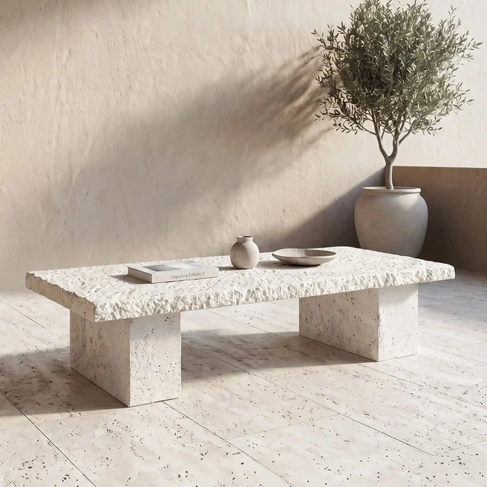 Boulder Slab Mgo Coffee Table  | All Weather 1 Piece Outdoor Table | Modern Design Furniture For Balcony, Garden Bench Seating Terrace Lawn Patio Poolside - L111.5xW55.5xH35.5cm -Multi Color