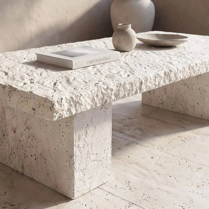 Boulder Slab Mgo Coffee Table  | All Weather 1 Piece Outdoor Table | Modern Design Furniture For Balcony, Garden Bench Seating Terrace Lawn Patio Poolside - L111.5xW55.5xH35.5cm -Multi Color