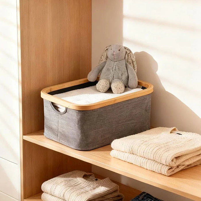 Velora Bamboo Foldable Storage Basket With Fabric 38 X 26 X 19.5 Cm Brown & Grey