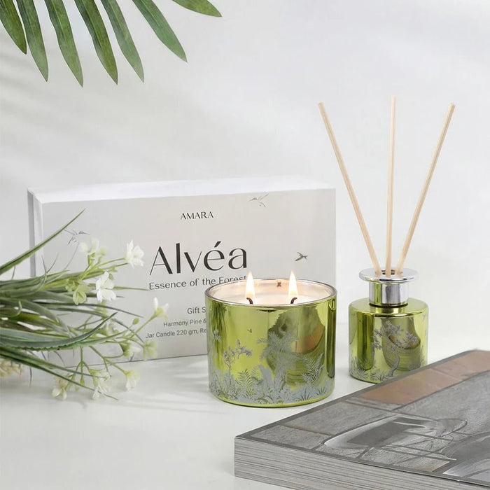 Alvea Harmony Pine & Eucalyptus Gift Set (Jar Candle- 220G, Reed Diffuser- 100Ml)