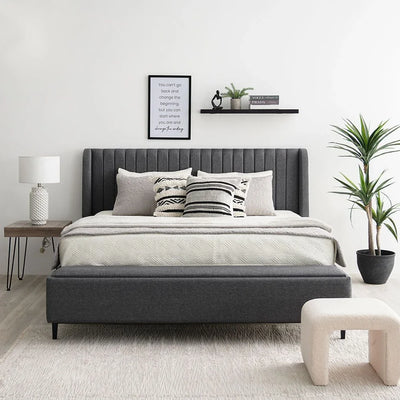 Defne 180X200 King Bed with Hydraulic Underbed Storage & Bench-Cream/Black-With 5-Year Warranty