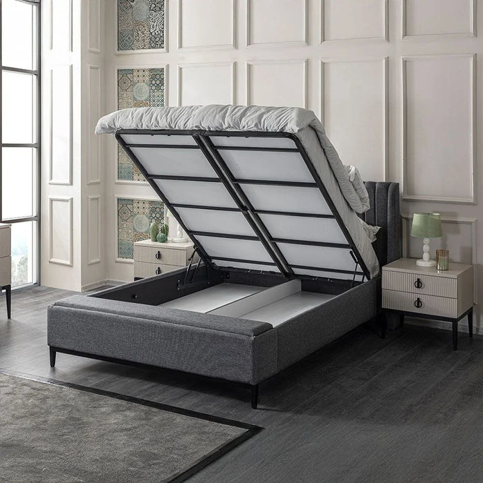 Defne 180X200 King Bed with Hydraulic Underbed Storage & Bench-Cream/Black-With 5-Year Warranty