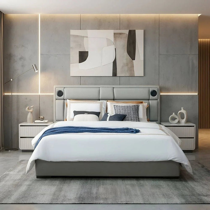 Razmiah 180x200 King Bed with Reading Lamp, Bluetooth Speakers & Charger-Light Grey-With 2-Year warranty