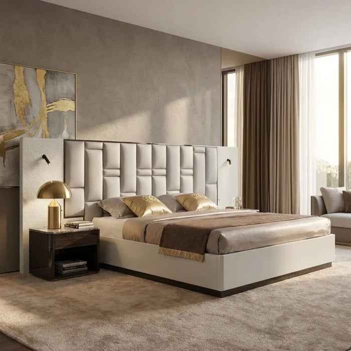 Petruci 180x200 King Bed with Reading Lamps-White/Black-With 2-Year Warranty