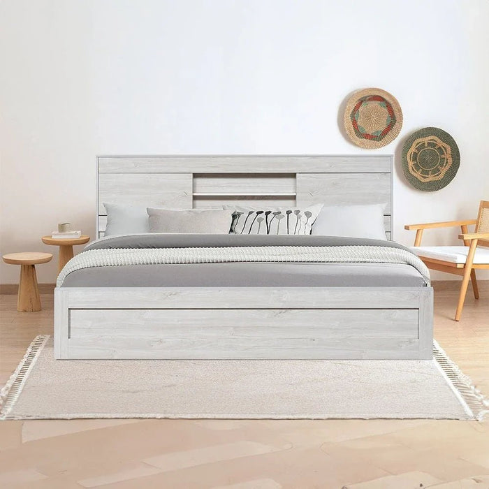 Tisley 180x200 King Bed with Under Bed Storage-Light Oak/White Faux Marble-With 2-Year Warranty
