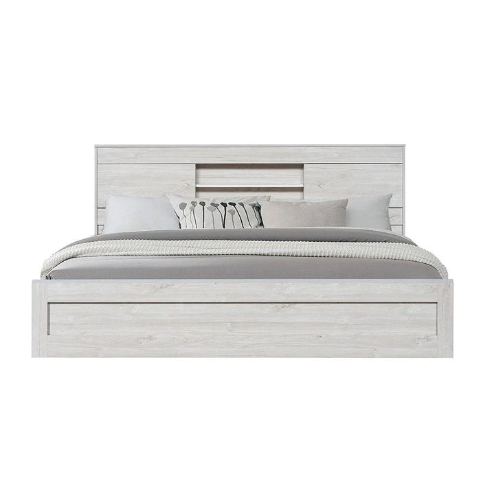 Tisley 180x200 King Bed with Under Bed Storage-Light Oak/White Faux Marble-With 2-Year Warranty