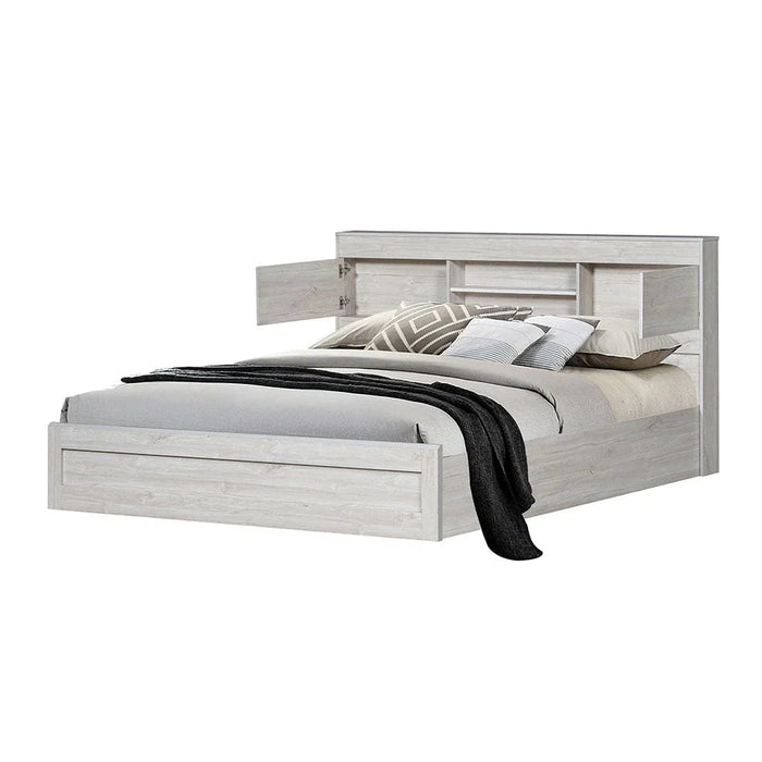 Tisley 180x200 King Bed with Under Bed Storage-Light Oak/White Faux Marble-With 2-Year Warranty