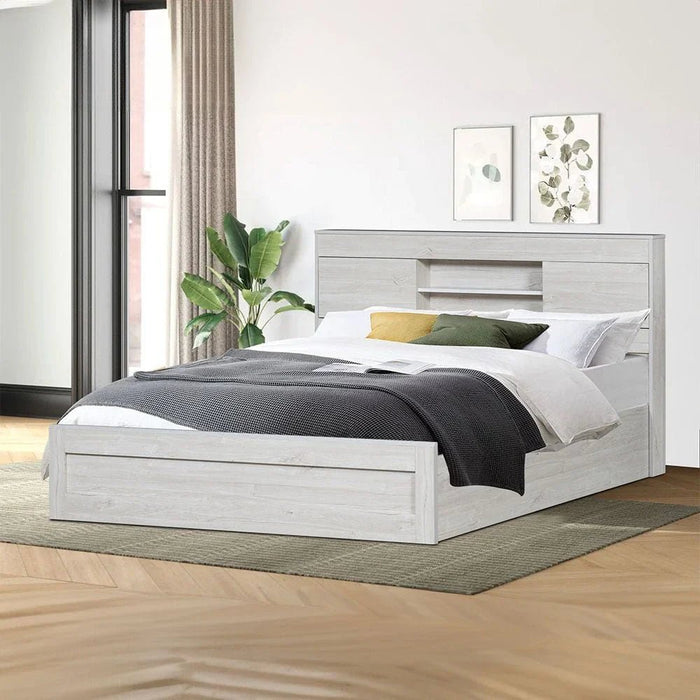 Tisley 150x200 Queen Bed with Storage-Light Oak/White Faux Marble-With 2-Year Warranty