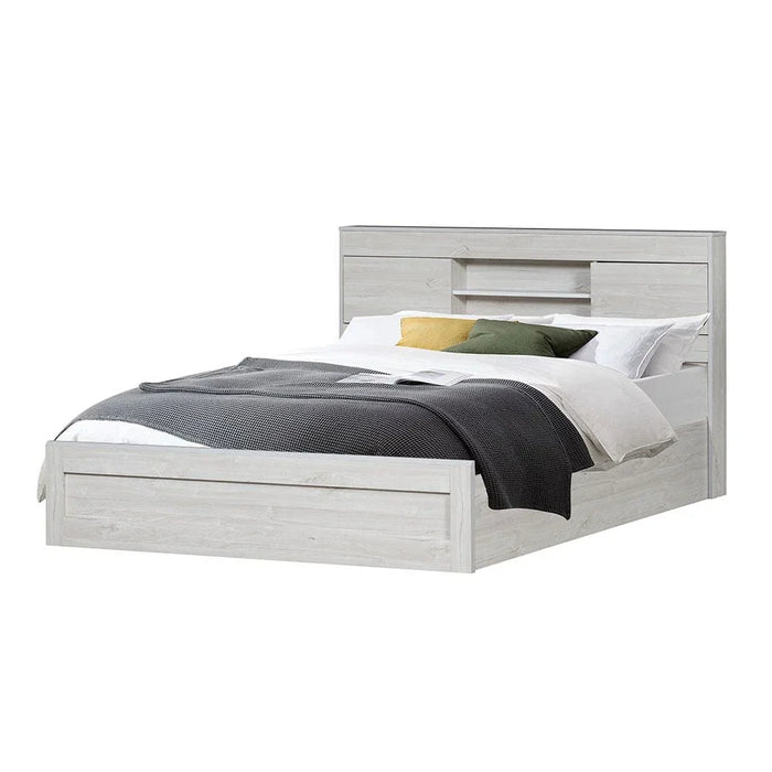 Tisley 150x200 Queen Bed with Storage-Light Oak/White Faux Marble-With 2-Year Warranty