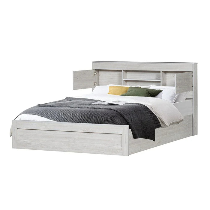 Tisley 150x200 Queen Bed with Storage-Light Oak/White Faux Marble-With 2-Year Warranty