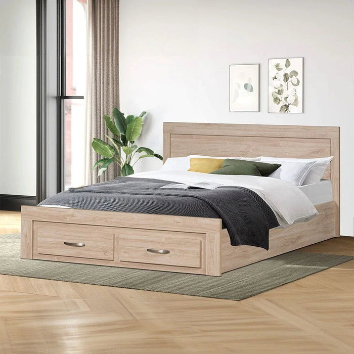 Bolivar 150x200 Queen Bed with 2-Front Drawer Storage - Vintage Oak - With 2-Year Warranty
