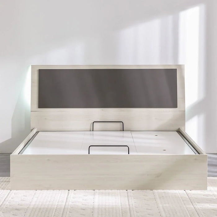 Pletora 180x200 King Bed with LED Lights and Hydraulic Under-Bed Storage-Grey Oak-With 2-Year Warranty