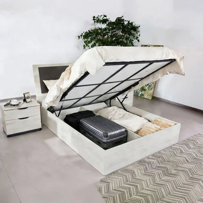 Pletora 180x200 King Bed with LED Lights and Hydraulic Under-Bed Storage-Grey Oak-With 2-Year Warranty