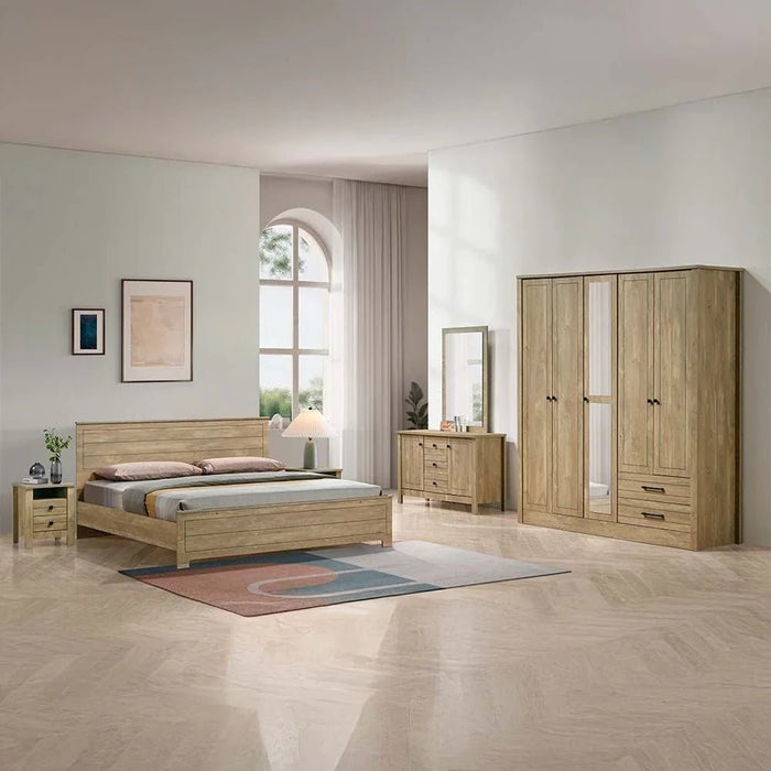 Athens 180x200 King Bed Set with 2 Nightstands & Dresser/Mirror-Light Oak-With 2-Year Warranty
