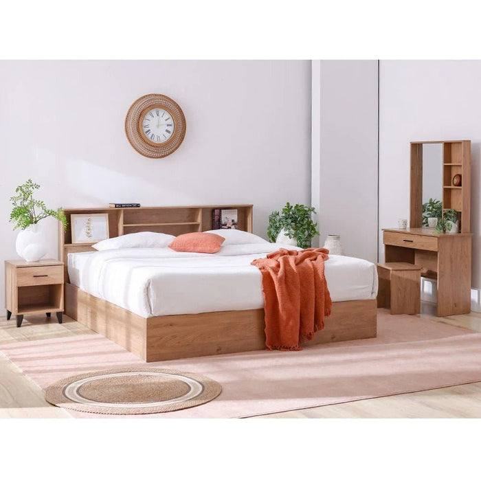 Gamorah New 180x200 King Bed Set+1 Nightstand + Dresser/Mirror & Stool - Oak - With 2-Year Warranty