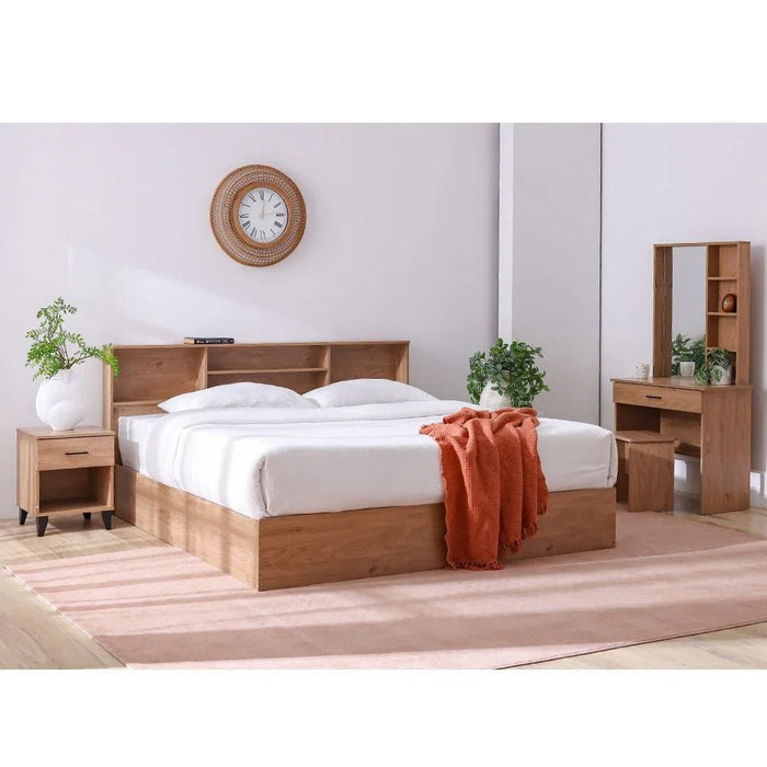 Gamorah New 180x200 King Bed Set+1 Nightstand + Dresser/Mirror & Stool - Oak - With 2-Year Warranty