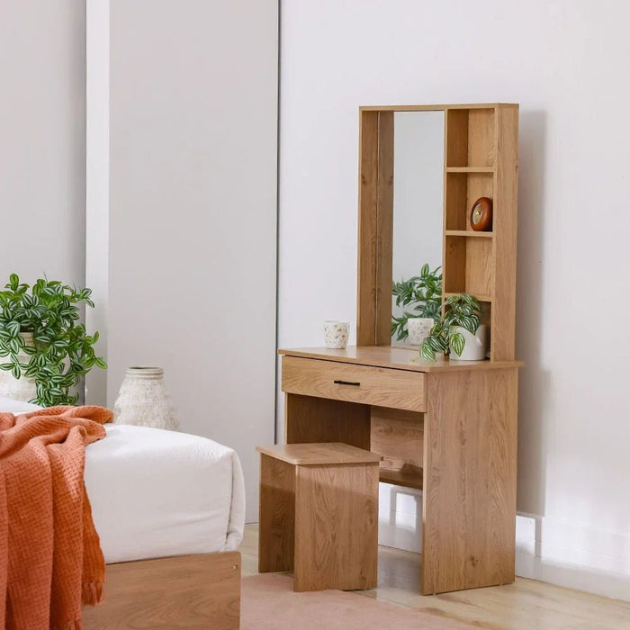 Gamorah New 180x200 King Bed Set+1 Nightstand + Dresser/Mirror & Stool - Oak - With 2-Year Warranty