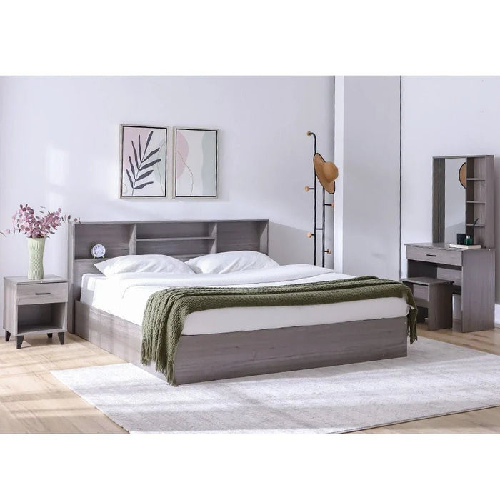Gamorah 180x200 King Bed Set+1 Nightstand + Dresser/Mirror & Stool - Warm Grey - With 2-Year Warranty