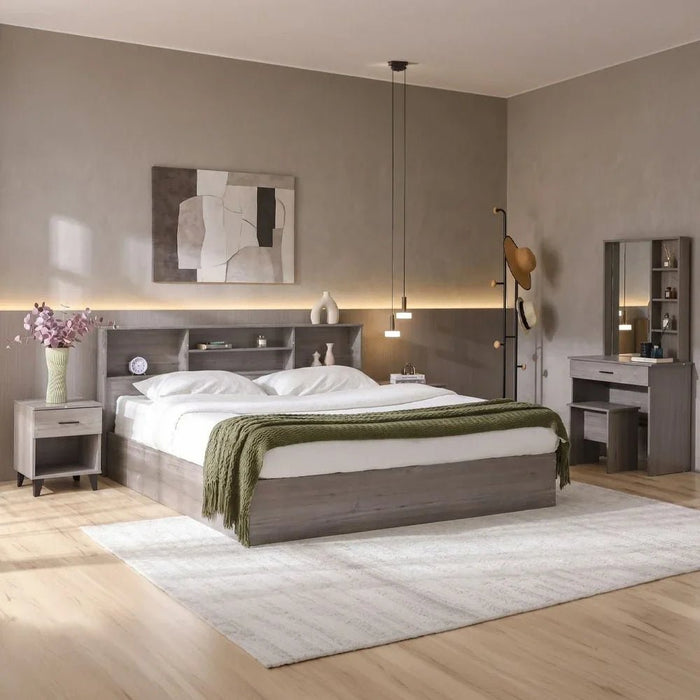 Gamorah 180x200 King Bed Set+1 Nightstand + Dresser/Mirror & Stool - Warm Grey - With 2-Year Warranty