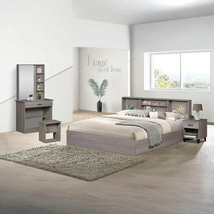 Gamorah 180x200 King Bed Set+1 Nightstand + Dresser/Mirror & Stool - Warm Grey - With 2-Year Warranty