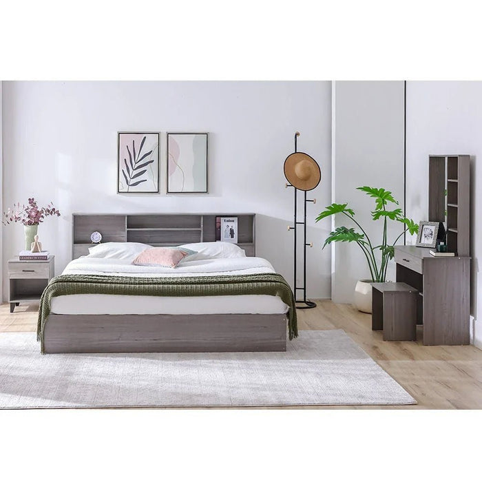 Gamorah 180x200 King Bed Set+1 Nightstand + Dresser/Mirror & Stool - Warm Grey - With 2-Year Warranty